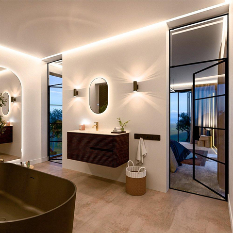 Mondiaz CIRO-DLUX Meuble de salle de bains - 110x45x50cm - Vasque en solid surface Ostra - 1 bassin à gauche - 1 trou de robinet - 2 tiroirs - Noyer SW1530355