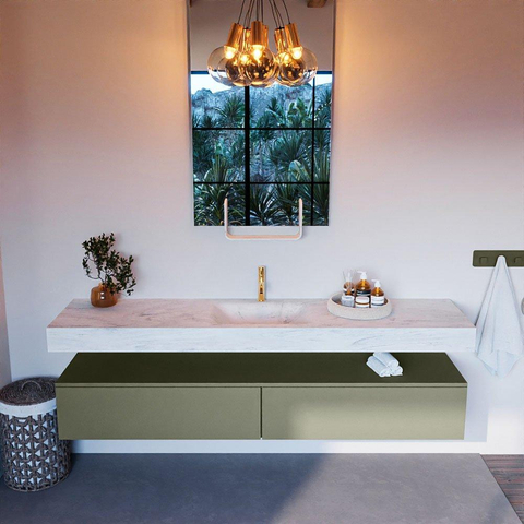 Mondiaz ALAN-DLUX Ensemble de meuble - 200cm - meuble Army mat - 2 tiroirs - Lavabo Cloud Opalo suspendu - vasque Centre - 1 trou de robinet SW807125