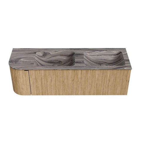 MONDIAZ KURVE-DLUX 145cm meuble de salle de bains arrondi gauche couleur Chêne avec 1 tiroir et 1 porte. Lavabo LEAF double / à droite sans trou de robinet Sombra. SW1433583