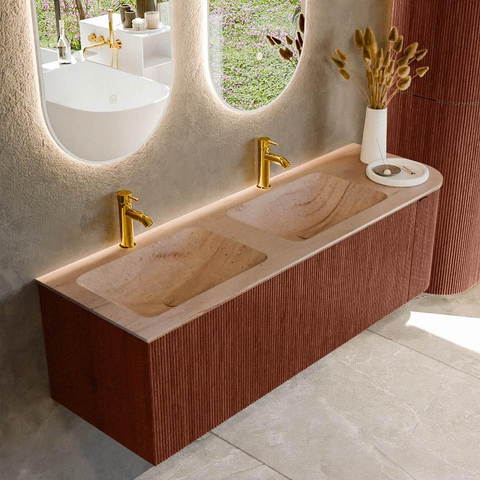 MONDIAZ KURVE-DLUX Meuble de salle de bains 145cm arrondi à droite couleur Ruby avec 1 tiroir et 1 porte. Lavabo LEAF Double / Gauche 2 trous de robinet Saba. SW1433497