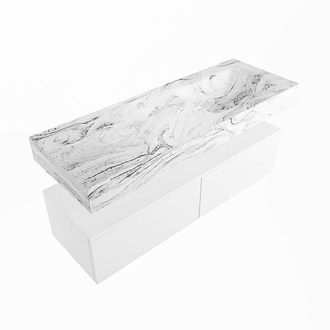 Mondiaz ALAN-DLUX Ensemble de meuble - 130cm - meuble Talc mat - 2 tiroirs - Lavabo Cloud Glace suspendu - vasque Droite - 0 trous de robinet SW805463