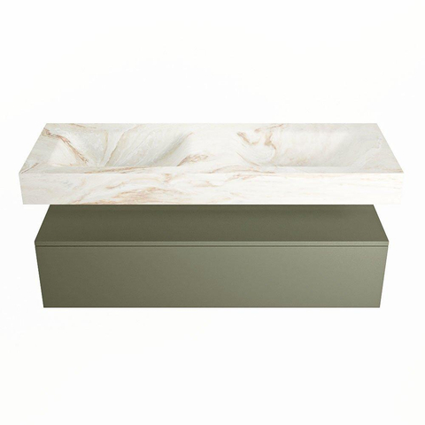 Mondiaz ALAN-DLUX Ensemble de meuble - 130cm - meuble Army mat - 1 tiroir - Lavabo Cloud Frappe suspendu - vasque Gauche et droite - 2 trous de robinet SW805570