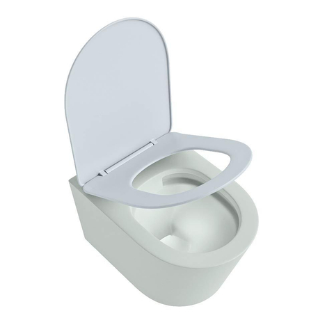 Mondiaz LAVIE hangtoilet – spoelrandloos – 36 x 53 cm – met softclose zitting – Greey (lichtgroen/grijs), zitting Clay (lichtblauw/grijs) SW1208587
