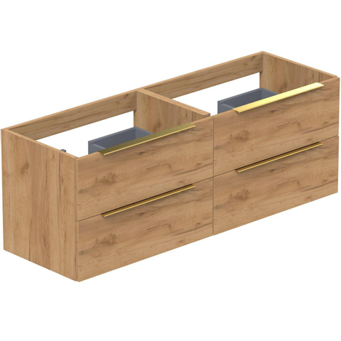 Thebalux wastafel model Cube 2x kom 2x kraangat + Type onderbouwkast 140x45x50cm opbouwgreep messing 4 softclose lades standaard greep MDF/spaanderplaat + spiegelkast model D + Type Tube opbouwverlichting sequoia SHOWROOMMODEL SHOW25120