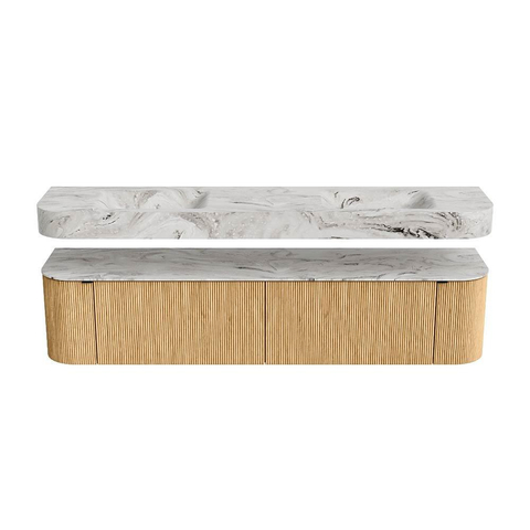 MONDIAZ THOR-DLUX 200cm meuble de salle de bains arrondi gauche + droite couleur Chêne avec 2 tiroirs et 2 portes. Vasque suspendue CLOUD Double 2 trous de robinet couleur Glace. SW1466939