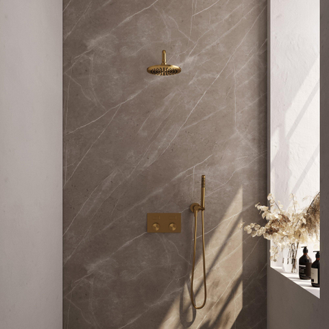 BRAUER Gold Carving Douche de pluie thermostatique encastrée - boutons-poussoirs - SET 51 - tête de douche 20cm - bras mural courbé - douchette à main stick - flexible de douche - coude de raccordement mural - or brossé PVD SW925625