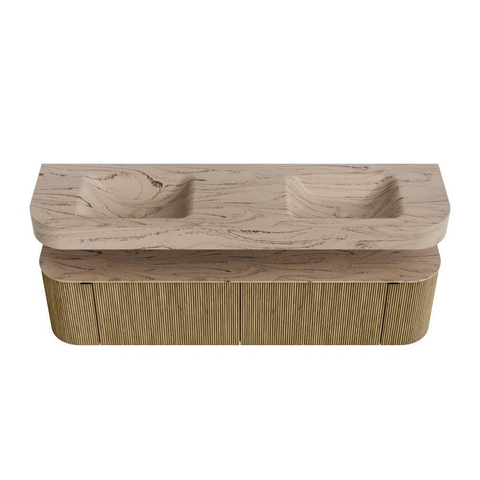 MONDIAZ THOR-DLUX 180cm meuble de salle de bains arrondi gauche + droite couleur Dusk avec 2 tiroirs et 2 portes. Vasque suspendue CLOUD Double 2 trous de robinet couleur Arena. SW1466135