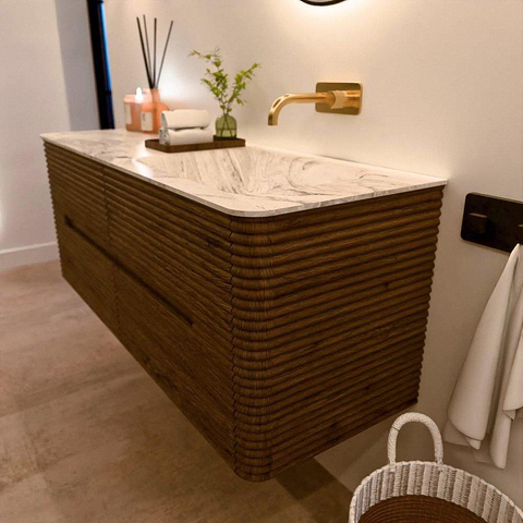 Mondiaz CIRO-DLUX Badkamermeubelset - 130x45x50cm - Solid surface wastafel Glace - 1 wasbak Rechts - zonder kraangaten - 4 lades - Dusk SW1532875
