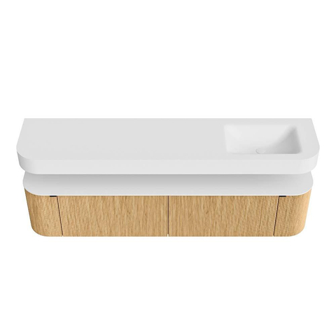 MONDIAZ THOR Meuble de salle de bains 200cm arrondi gauche + droite couleur Oak avec 2 tiroirs et 2 portes. Vasque suspendue CLOUD Droite 1 trou de robinet couleur Talc. SW1466936