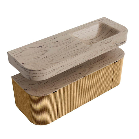 MONDIAZ THOR-DLUX 130cm meuble de salle de bains arrondi gauche + droite couleur Oak avec 1 tiroir et 2 portes. Vasque suspendue CLOUD droite sans trou de robinet couleur Arena. SW1463775