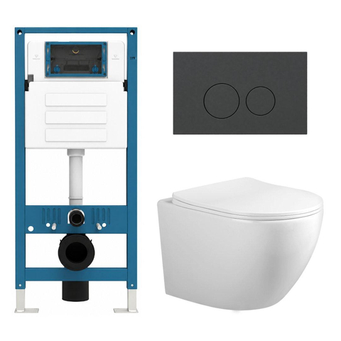 Adema Salina 2.0 Toiletset - 48.5x36x32cm - diepspoel - spoelrandloos - QeramiQ inbouwreservoir - softclose - quickrelease - toiletzitting - mat antraciet kunststof bedieningsplaat - ronde knoppen - wit SW1474579