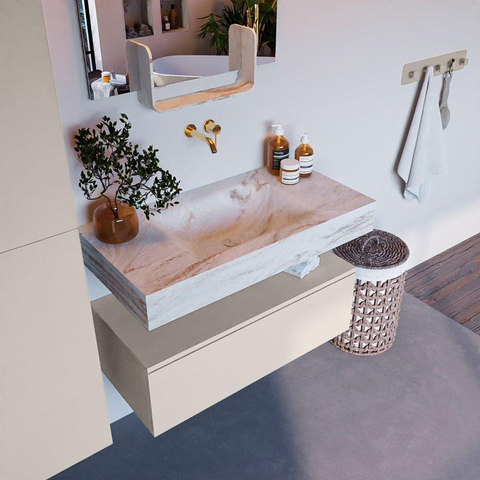 Mondiaz ALAN-DLUX Ensemble de meuble - 90cm - meuble Linen mat - 1 tiroir - Lavabo Cloud Frappe suspendu - vasque Centre - 0 trous de robinet SW805302