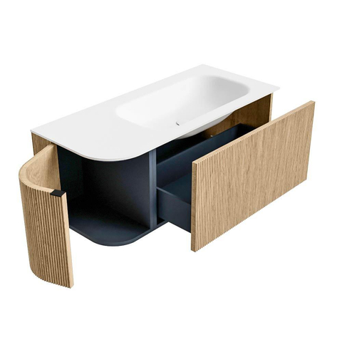 MONDIAZ KURVE Meuble de salle de bains 105 cm avec module 25 L couleur Oak avec 1 tiroir et 1 porte. Lavabo BIG SMALL à droite sans trou de robinet Talc. SW1138169