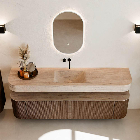 MONDIAZ THOR-DLUX Meuble de salle de bains - 190cm - arrondi gauche + droite - couleur Walnut - 2 tiroirs et 2 portes - Vasque suspendue CLOUD Milieu sans trou de robinet couleur Saba SW1466660