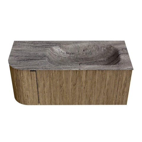 MONDIAZ KURVE-DLUX Meuble de salle de bains 105cm arrondi à gauche couleur Dusk avec 1 tiroir et 1 porte. Lavabo BIG SMALL à droite sans trou de robinet Oza. SW1432964