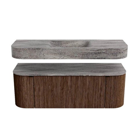 MONDIAZ THOR-DLUX 130cm badmeubel ronding links + rechts kleur Walnut met 1 lade en 2 deuren. Vrijhangende wastafel CLOUD Midden 1 kraangat kleur Oza. SW1463976
