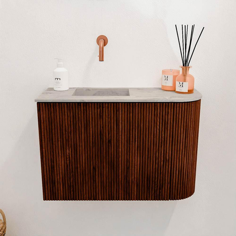 Mondiaz JOYA-DLUX 61.6cm toiletmeubel - ronding rechts kleur Ruby - Wastafel FAYE positie Links Zonder kraangat kleur Glace. SW1423576
