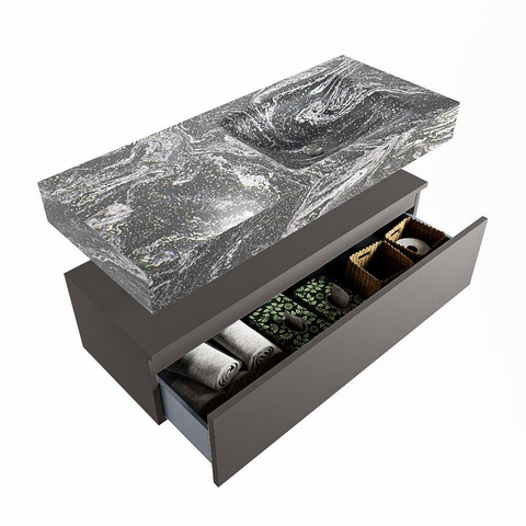 Mondiaz ALAN-DLUX Ensemble de meuble - 110cm - meuble Dark grey mat - 1 tiroir - Lavabo Cloud Lava suspendu - vasque Droite - 0 trous de robinet SW808119