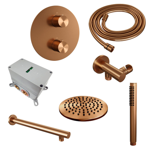 BRAUER Copper Edition douche thermostatique encastrée - 3 voies - rond - ensemble 73 - douche principale de 20 cm - bras mural droit - douchette à main - flexible de douche - coude mural - cuivre brossé PVD SW1159113