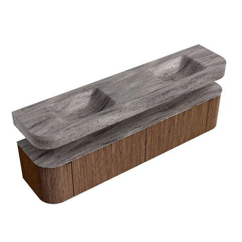 MONDIAZ THOR-DLUX 200cm meuble de salle de bains arrondi gauche + droite couleur Walnut avec 2 tiroirs et 2 portes. Vasque suspendue CLOUD Double sans trou de robinet couleur Oza. SW1467194