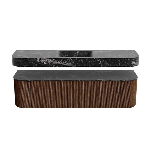 MONDIAZ THOR-DLUX 170cm meuble de salle de bains arrondi gauche + droite couleur Walnut avec 1 tiroir et 2 portes. Vasque suspendue CLOUD Milieu 1 trou de robinet couleur Lava. SW1465574