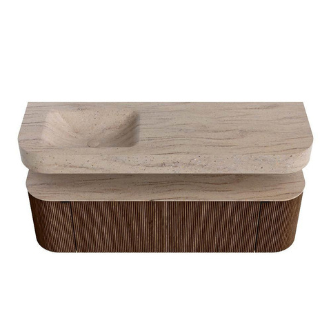 MONDIAZ THOR-DLUX 150cm meuble de salle de bains arrondi gauche + droite couleur Walnut avec 1 tiroir et 2 portes. Vasque suspendue CLOUD Gauche 1 trou de robinet couleur Saba. SW1464867