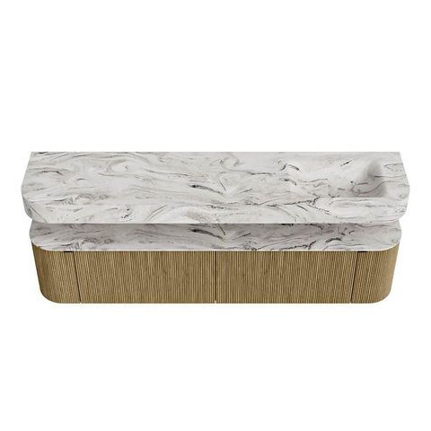MONDIAZ THOR-DLUX Meuble de salle de bains - 200cm - arrondi gauche + droite - couleur Dusk - 2 tiroirs - 2 portes - Vasque suspendue CLOUD droite sans trou de robinet - couleur Glace SW1466832
