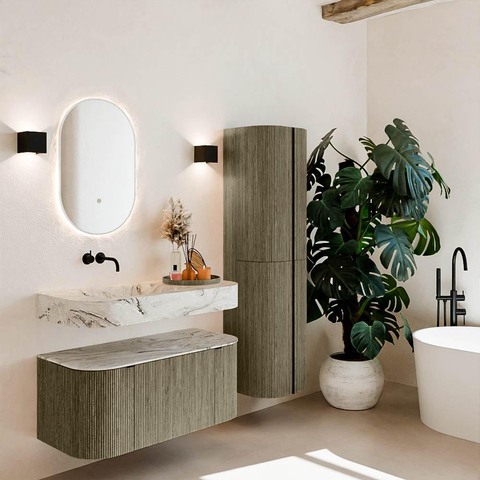 MONDIAZ THOR-DLUX 100cm meuble de salle de bains arrondi gauche + droite couleur Shadow avec 1 tiroir et 2 portes. Vasque suspendue CLOUD gauche sans trou de robinet couleur Glace. SW1467442