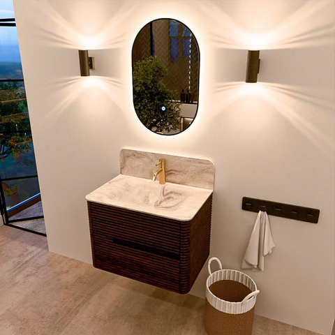 Mondiaz CIRO-DLUX Badkamermeubelset - 70x45x50cm - Solid surface wastafel Frappe - 1 wasbak Midden - 1 kraangat - 2 lades - Walnut SW1530299
