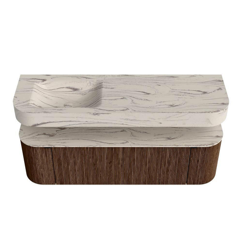 MONDIAZ THOR-DLUX 150cm meuble de salle de bains arrondi gauche + droite couleur Walnut avec 1 tiroir et 2 portes. Vasque suspendue CLOUD Gauche 1 trou de robinet couleur Nata. SW1464806