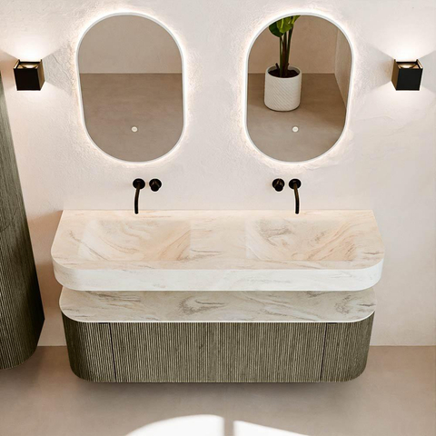MONDIAZ THOR-DLUX 150cm badmeubel ronding links + rechts kleur Shadow met 1 lade en 2 deuren. Vrijhangende wastafel CLOUD Dubbel zonder kraangat kleur Ostra. SW1464728