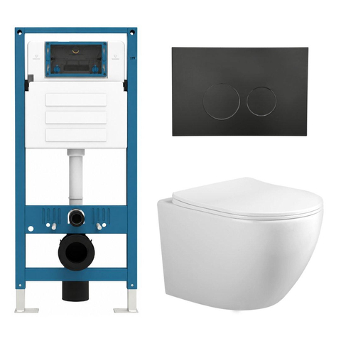 Adema Salina 2.0 Toiletset - 48.5x36x32cm - diepspoel - spoelrandloos - QeramiQ inbouwreservoir - softclose - quickrelease - toiletzitting - mat zwarte kunststof bedieningsplaat - ronde knoppen - wit SW1474597