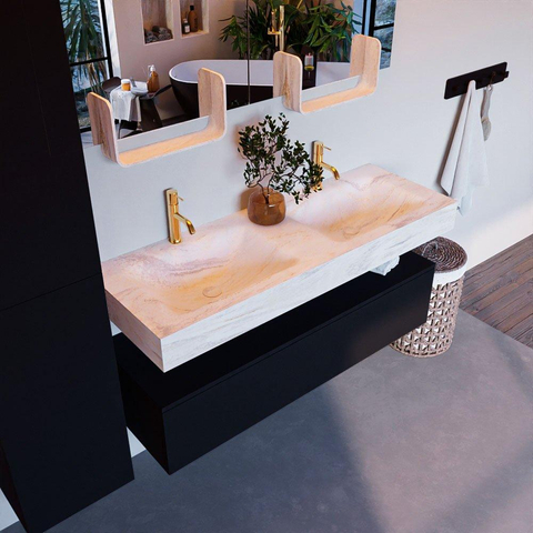 Mondiaz ALAN-DLUX Ensemble de meuble - 130cm - meuble Urban mat - 1 tiroir - Lavabo Cloud Ostra suspendu - vasque gauche et droite - 2 trous de robinet SW807382