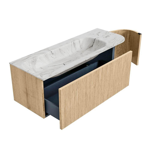MONDIAZ KURVE-DLUX Meuble de salle de bains 125 cm avec module 25 R couleur Oak avec 1 tiroir et 1 porte. Lavabo BIG MEDIUM gauche sans trou de robinet couleur Glace. SW1137948