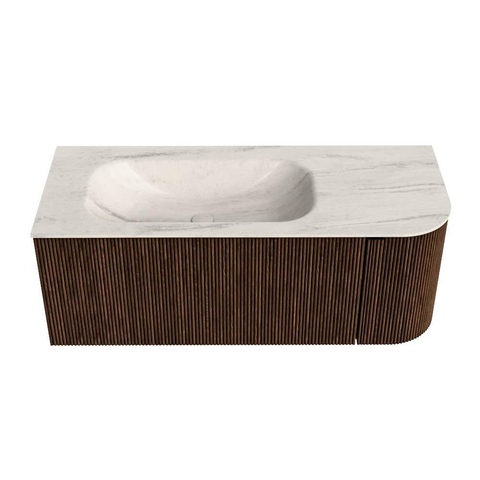 MONDIAZ KURVE-DLUX Meuble de salle de bains 115cm arrondi Droite couleur Walnut avec 1 tiroir et 1 porte. Lavabo BIG SMALL Gauche 1 trou de robinet Meli. SW1431685