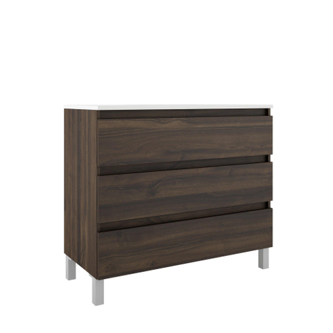 Saniclass Chaci PLUS Meuble de salle de bain - 100x86x46cm - lavabo en céramique blanc - 1 vasque - 1 trou de robinet - 3 tiroirs - miroir rectangulaire - noyer (hout) SW926289