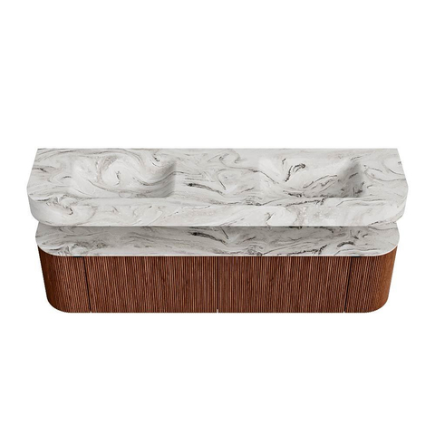 MONDIAZ THOR-DLUX 180cm badmeubel ronding links + rechts kleur Ruby met 2 lades en 2 deuren. Vrijhangende wastafel CLOUD Dubbel zonder kraangat kleur Glace. SW1466037