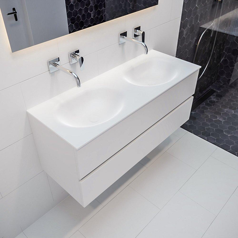 ENSEMBLE DE MEUBLE MONDIAZ VICA - 120 cm - 2 tiroirs - lavabo Moon double - 0 trous de robinet - solid surface talc SW409712