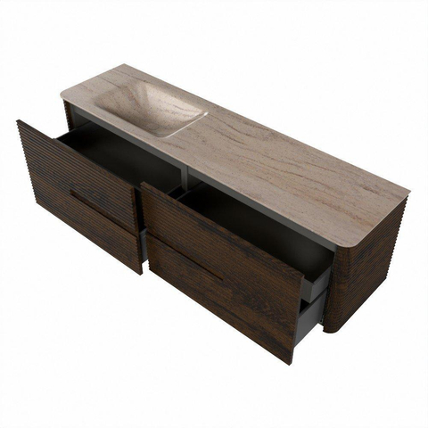 Mondiaz CIRO-DLUX Meuble de salle de bains - 170x45x50cm - Plan vasque Solid surface Saba - 1 lavabo à gauche - sans trous de robinetterie - 4 tiroirs - Noyer SW1530909