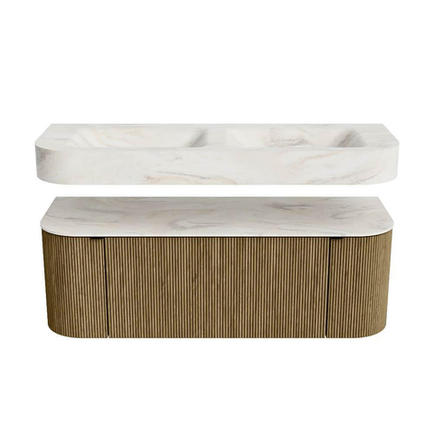 MONDIAZ THOR-DLUX 130cm meuble de salle de bains arrondi gauche + droite couleur Dusk avec 1 tiroir et 2 portes. Vasque suspendue CLOUD Double 2 trous de robinet couleur Ostra. SW1463502