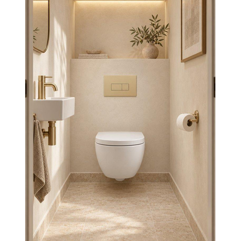QeramiQ Dely Swirl Compact Toiletset - inbouwreservoir QeramiQ flush - 25mm zitting - kunststof bedieningsplaat beige - rechthoekige knoppen - glans wit SW1590625