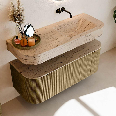 MONDIAZ THOR-DLUX 120cm meuble de salle de bains arrondi gauche + droite couleur Dusk avec 1 tiroir et 2 portes. Vasque suspendue CLOUD droite sans trou de robinet couleur Arena. SW1463408