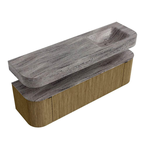 MONDIAZ THOR-DLUX 160cm meuble de salle de bains arrondi gauche + droite couleur Dusk avec 1 tiroir et 2 portes. Vasque suspendue CLOUD Droite 1 trou de robinet couleur Oza. SW1465308