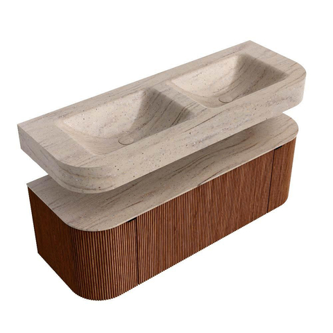 MONDIAZ THOR-DLUX 130cm meuble de salle de bains arrondi gauche + droite couleur Ruby avec 1 tiroir et 2 portes. Vasque suspendue CLOUD Double sans trou de robinet couleur Saba. SW1464073