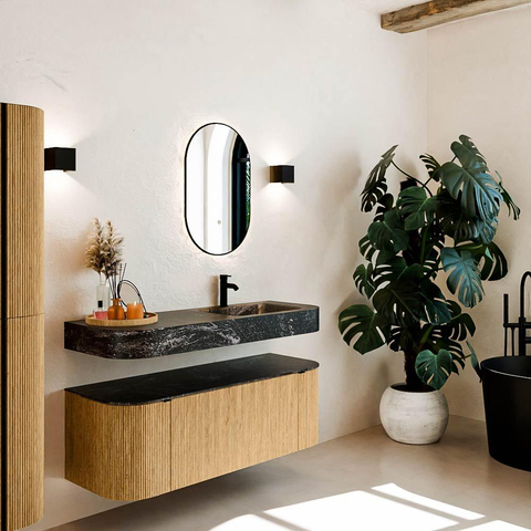 MONDIAZ THOR-DLUX 130cm badmeubel ronding links + rechts kleur Oak met 1 lade en 2 deuren. Vrijhangende wastafel CLOUD Rechts 1 kraangat kleur Lava. SW1463529