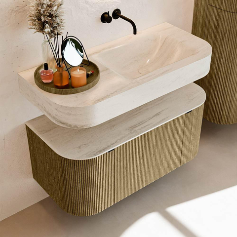 MONDIAZ THOR-DLUX 100cm meuble de salle de bains arrondi gauche + droite couleur Dusk avec 1 tiroir et 2 portes. Vasque suspendue CLOUD Droite sans trou de robinet couleur Meli. SW1467482