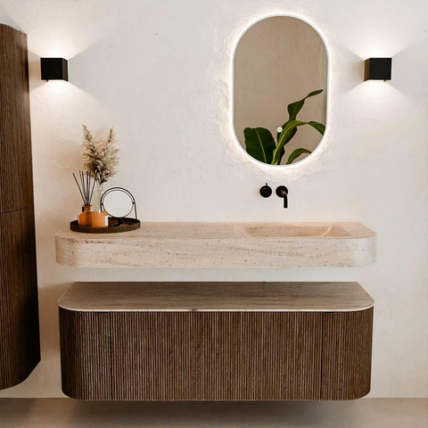 MONDIAZ THOR-DLUX 140cm badmeubel ronding links + rechts kleur Walnut met 1 lade en 2 deuren. Vrijhangende wastafel CLOUD Rechts zonder kraangat kleur Saba. SW1464326