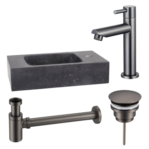 Fortifura Fuente pack lave-mains – rectangulaire – 40 x 22 x 9 cm – pierre naturelle noire – robinet gunmetal SW1111554