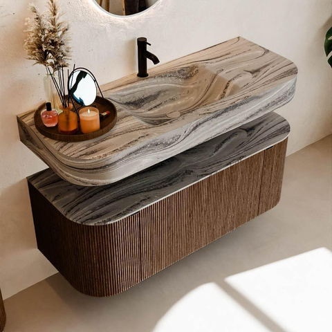 MONDIAZ THOR-DLUX 120cm meuble de salle de bains arrondi gauche + droite couleur Walnut avec 1 tiroir et 2 portes. Vasque suspendue CLOUD Milieu 1 trou de robinet couleur Sombra. SW1463710