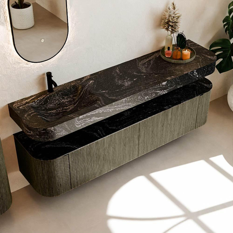 MONDIAZ THOR-DLUX 190cm meuble de salle de bains arrondi gauche + droite couleur Shadow avec 2 tiroirs et 2 portes. Vasque suspendue CLOUD Gauche 1 trou de robinet couleur Lava. SW1466628